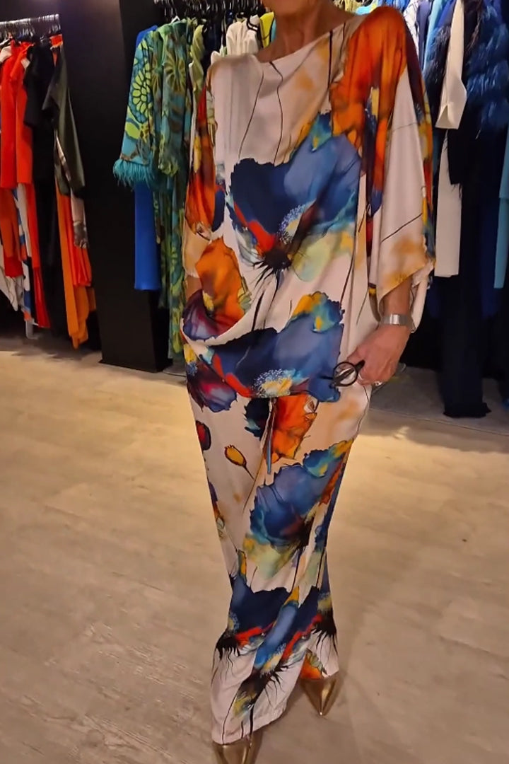 Ensemble Femme - Haut Fluide Kaftan et Pantalon Large Taille Haute - Imprimé Floral Élégant