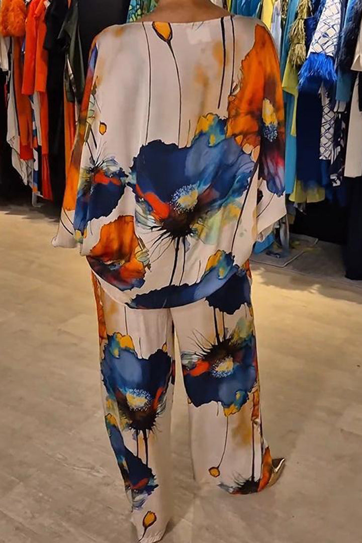 Ensemble Femme - Haut Fluide Kaftan et Pantalon Large Taille Haute - Imprimé Floral Élégant