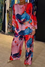 Ensemble Femme - Haut Fluide Kaftan et Pantalon Large Taille Haute - Imprimé Floral Élégant