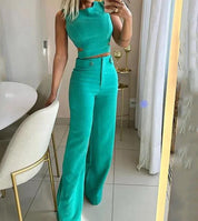 Ensemble Femme – Crop Top Sans Manches + Pantalon Taille Haute – Coupe Évasée Élégante