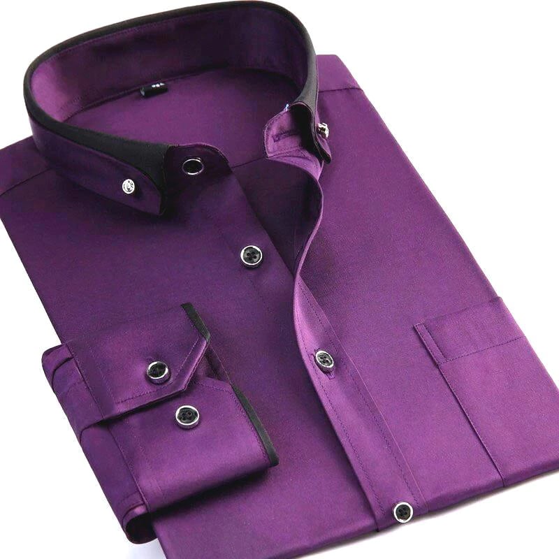 Chemise habillée homme - Col contrasté - Manches longues - Poignet boutonné - Poche poitrine