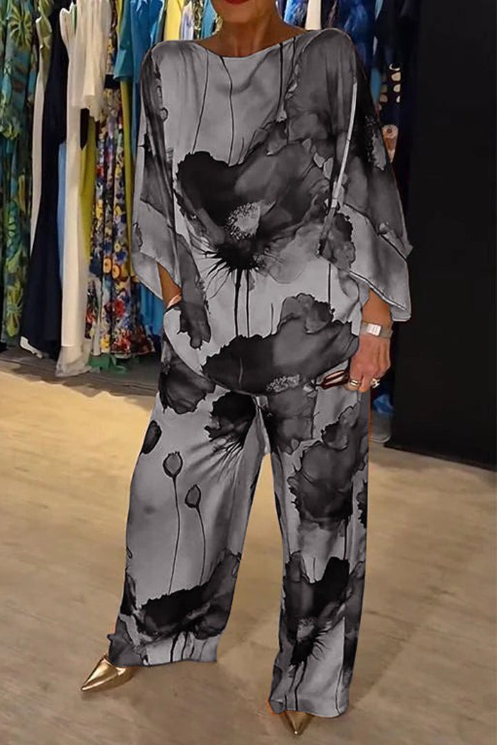 Ensemble Femme - Haut Fluide Kaftan et Pantalon Large Taille Haute - Imprimé Floral Élégant