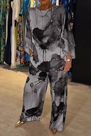 Ensemble Femme - Haut Fluide Kaftan et Pantalon Large Taille Haute - Imprimé Floral Élégant