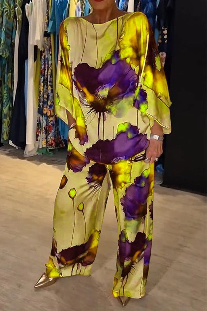 Ensemble Femme - Haut Fluide Kaftan et Pantalon Large Taille Haute - Imprimé Floral Élégant