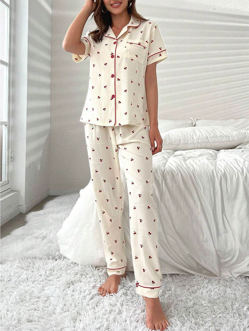 Pyjama Femme - Ensemble Chemise Boutonnée et Pantalon - Tissu Léger Confortable