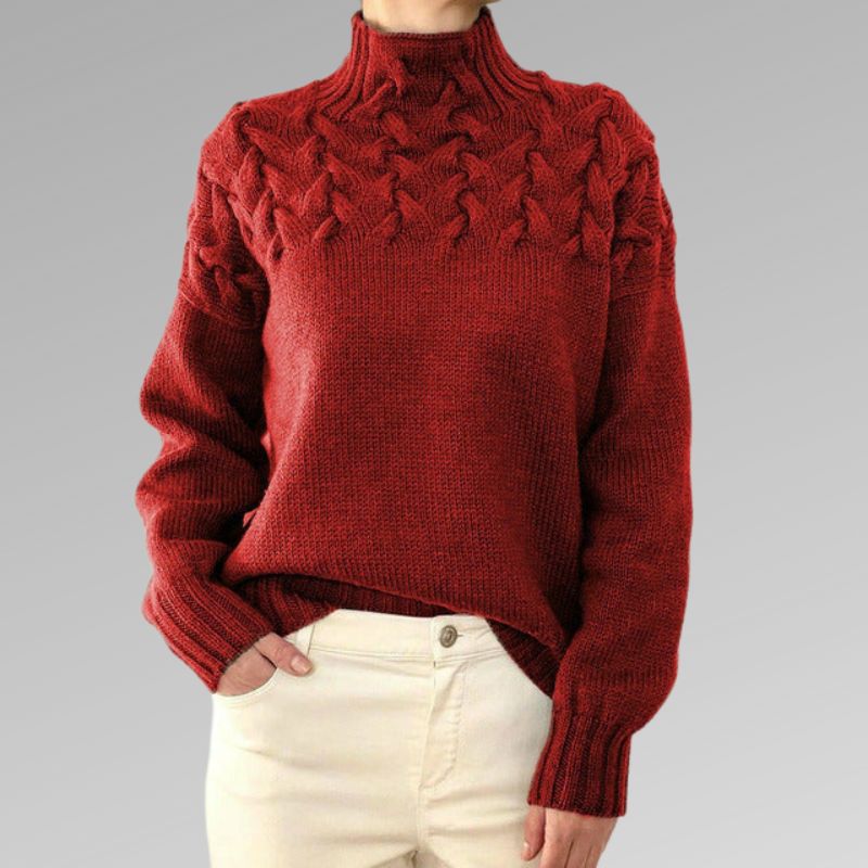 Pull Femme - Col Montant - Maille Torsadée - Manches Longues - Coupe Confortable