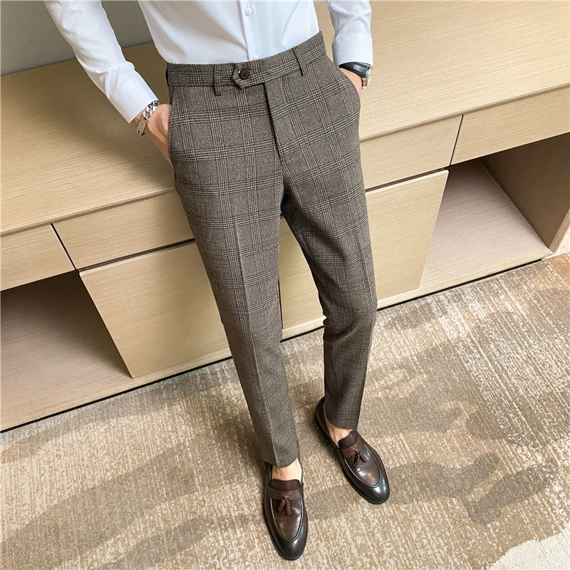 Pantalon Homme - Coupe Slim Ajustée - Motif Carreaux Élégant - Style Habillé