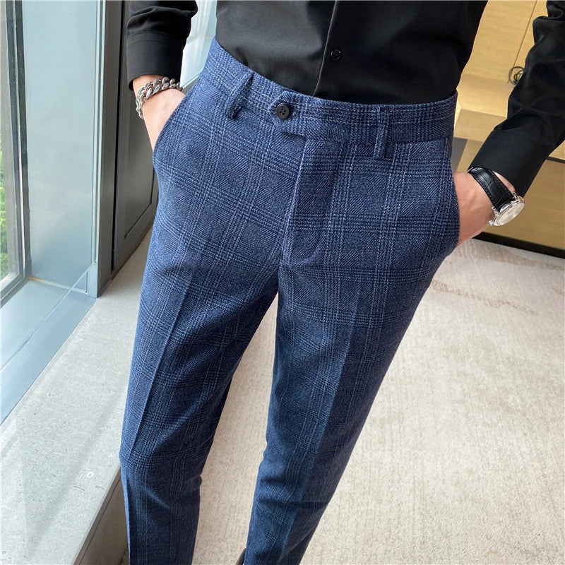 Pantalon Homme - Coupe Slim Ajustée - Motif Carreaux Élégant - Style Habillé