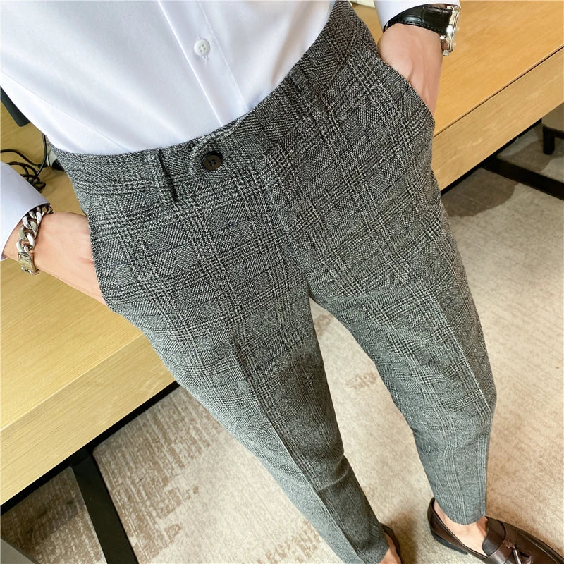 Pantalon Homme - Coupe Slim Ajustée - Motif Carreaux Élégant - Style Habillé