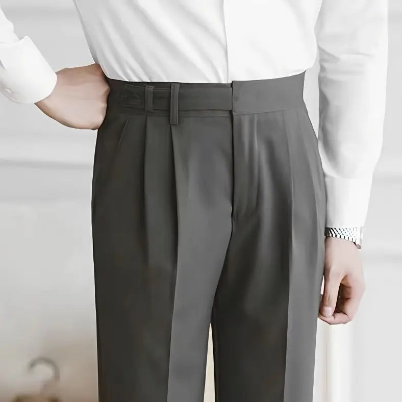 Pantalon Habillé Homme - Taille Haute - Coupe Droite - Plis Frontaux - Fermeture à Boucle