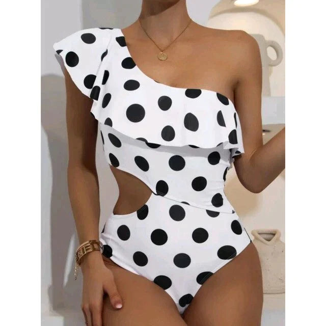 Maillot de Bain Une Pièce Femme - Épaule Asymétrique - Volants - Découpe Latérale - Élégant