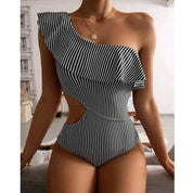 Maillot de Bain Une Pièce Femme - Épaule Asymétrique - Volants - Découpe Latérale - Élégant