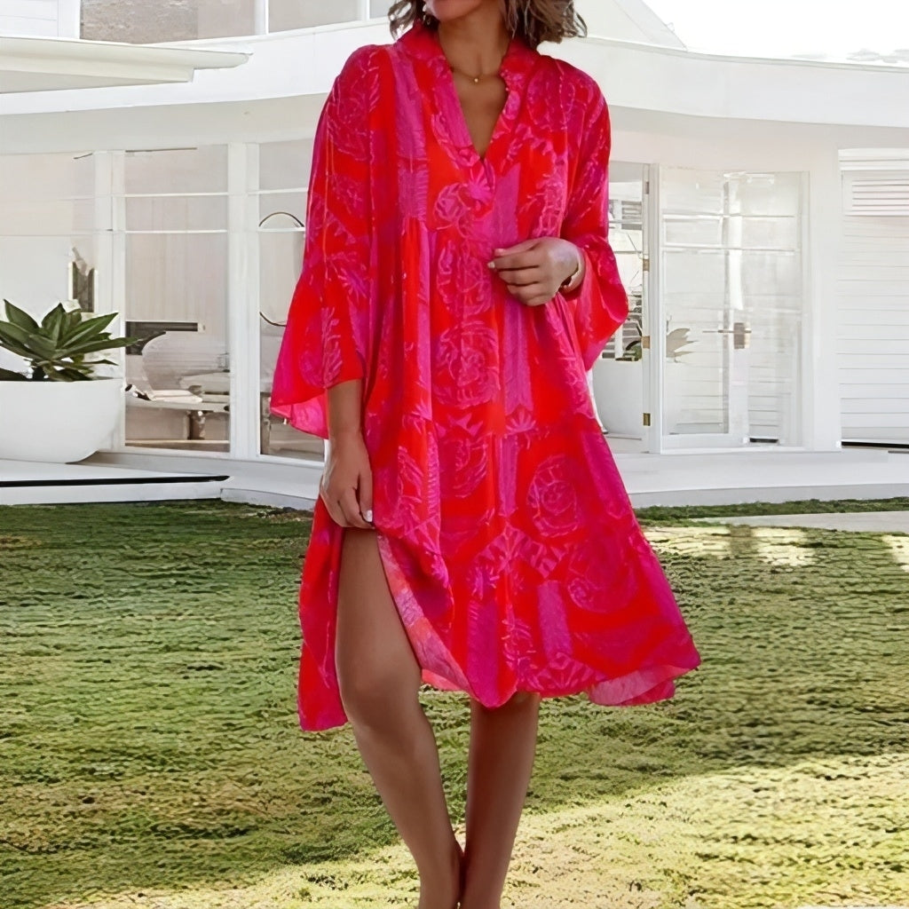 Robe Kaftan Femme - Coupe Ample et Fluide - Manches Évasées - Col V - Tissu Léger