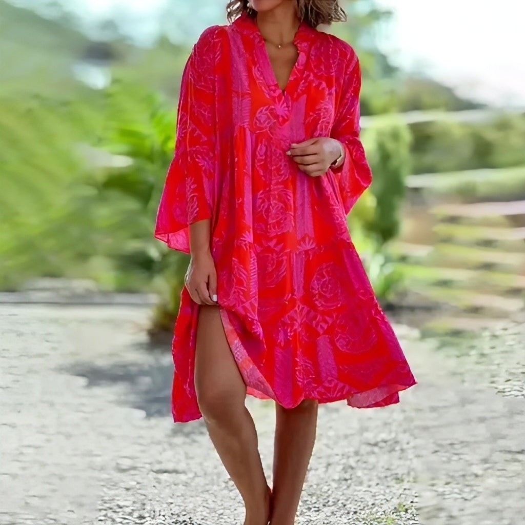 Robe Kaftan Femme - Coupe Ample et Fluide - Manches Évasées - Col V - Tissu Léger