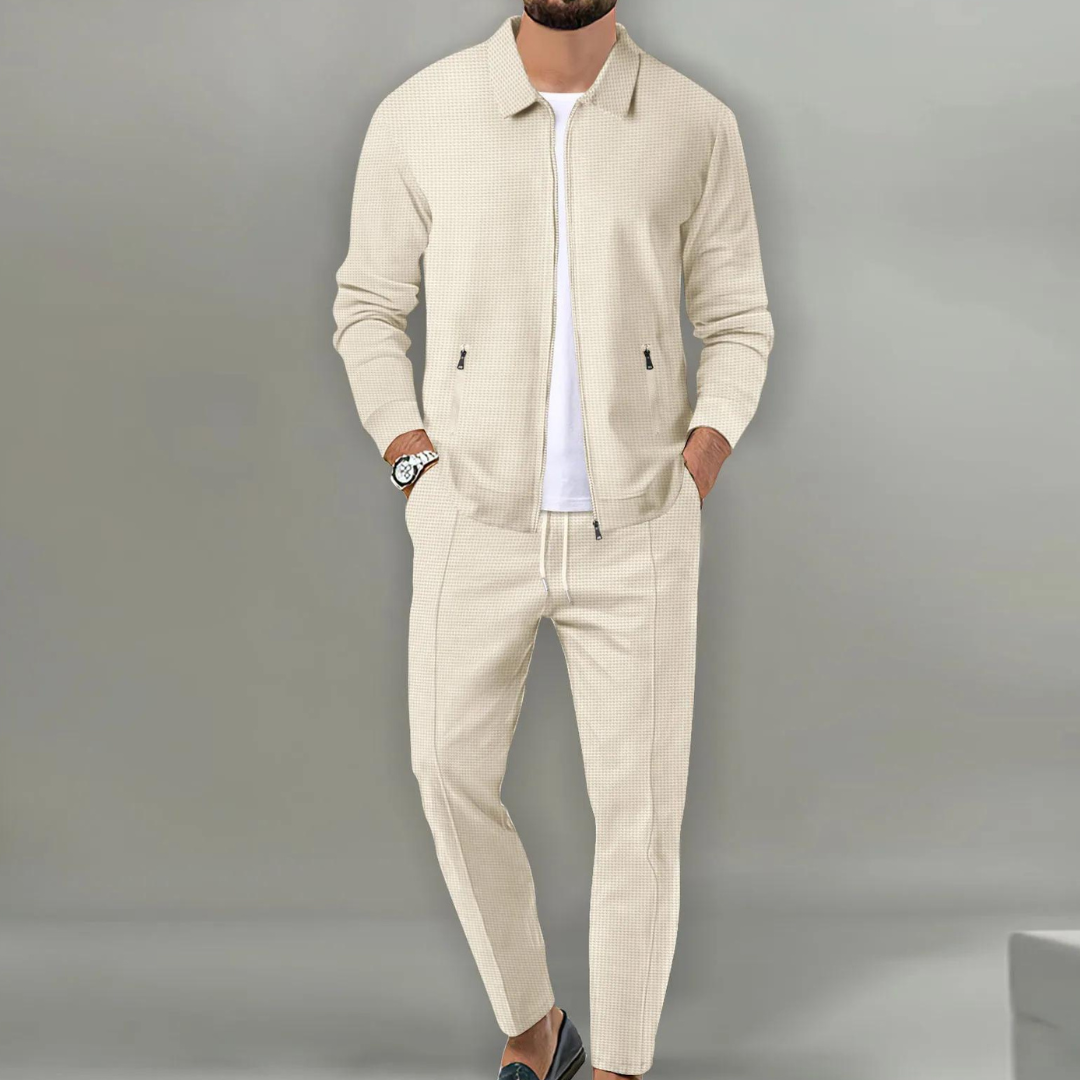 Costume Décontracté Homme - Veste Zippée Col Classique - Pantalon Taille Cordon - Coupe Ajustée