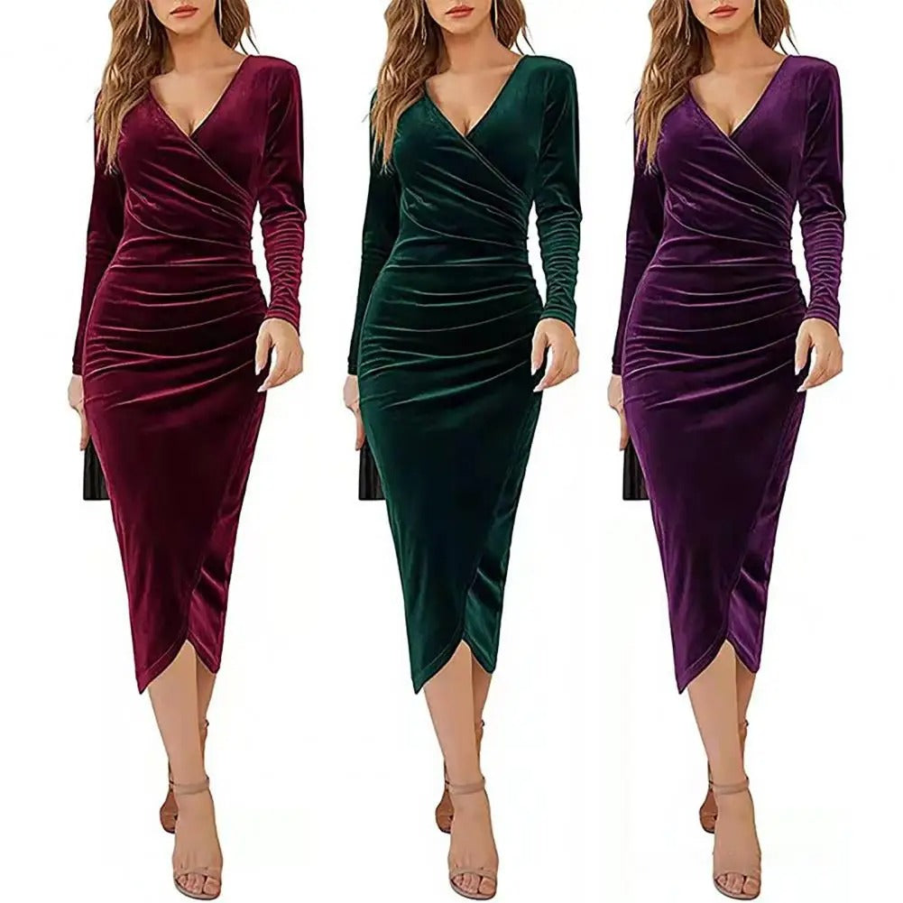 Robe Femme - Velours Luxueux - Coupe Ajustée - Encolure V Cache-Cœur - Manches Longues - Longueur Midi