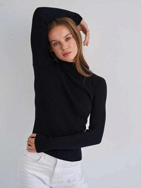 Pull Col Roulé Femme - Maille Côtelée - Manches Longues - Coupe Ajustée