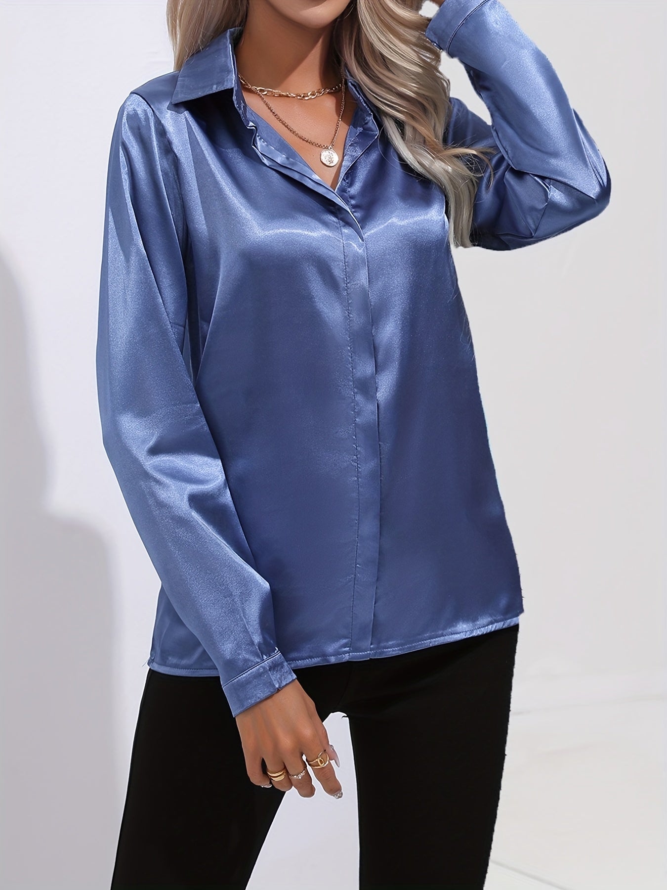 Blouse Femme - Satin Brillant - Manches Longues - Coupe Ajustée Élégante