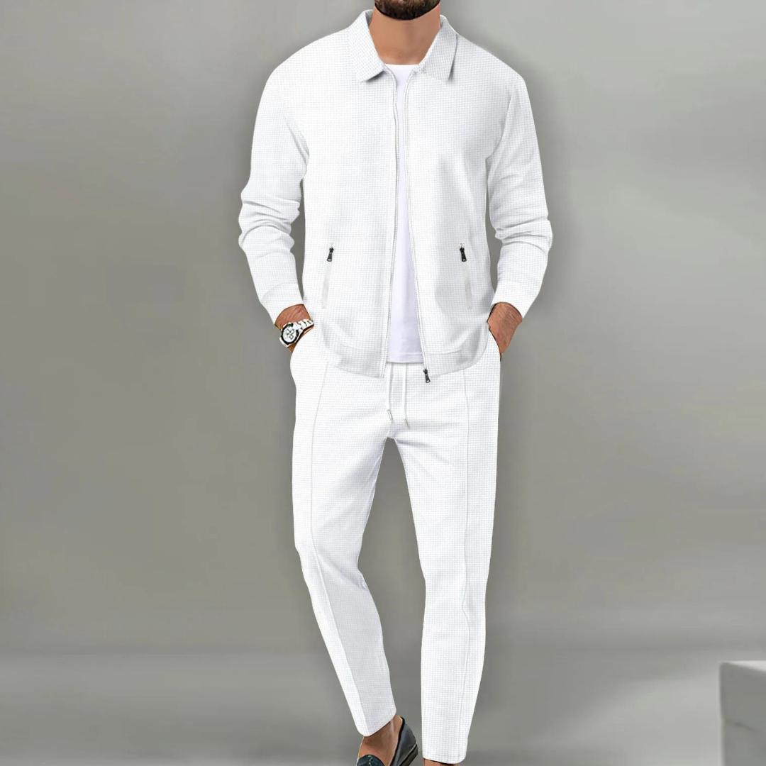 Costume Décontracté Homme - Veste Zippée Col Classique - Pantalon Taille Cordon - Coupe Ajustée