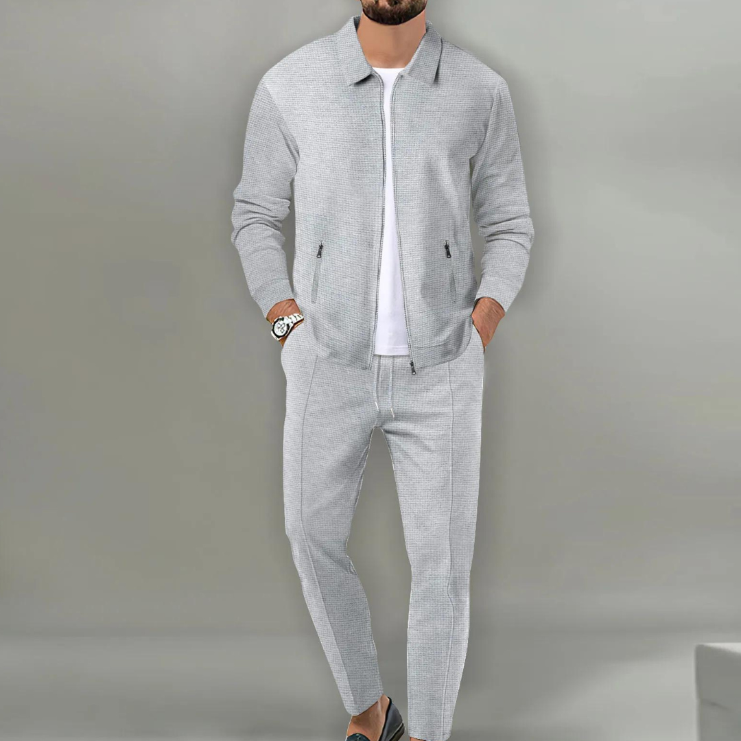 Costume Décontracté Homme - Veste Zippée Col Classique - Pantalon Taille Cordon - Coupe Ajustée