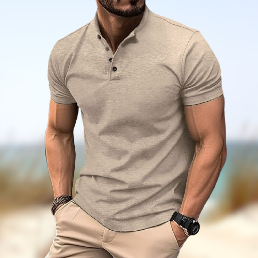 T-shirt Henley Homme - Col Boutonné - Manches Courtes - Coupe Ajustée Respirant