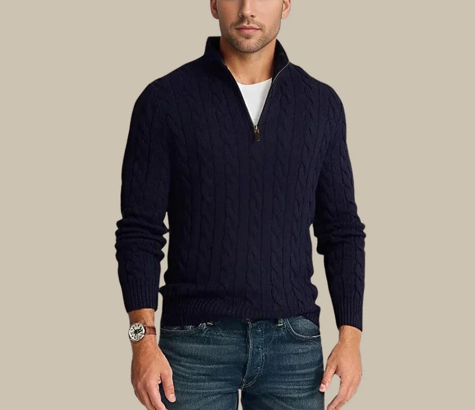 Pull Zippé Homme - Maille Torsadée - Coupe Classique - Col Demi-Zip Confortable