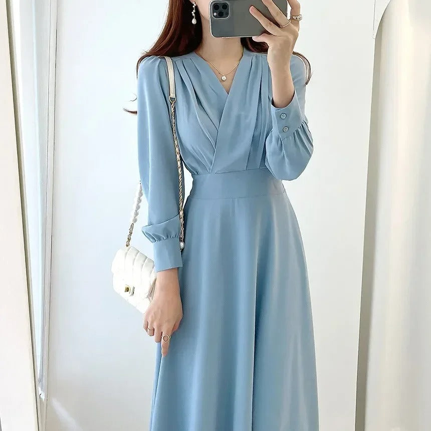 Robe Femme - Manches Longues - Col V Cache-Cœur - Taille Cintrée - Élégante et Fluide