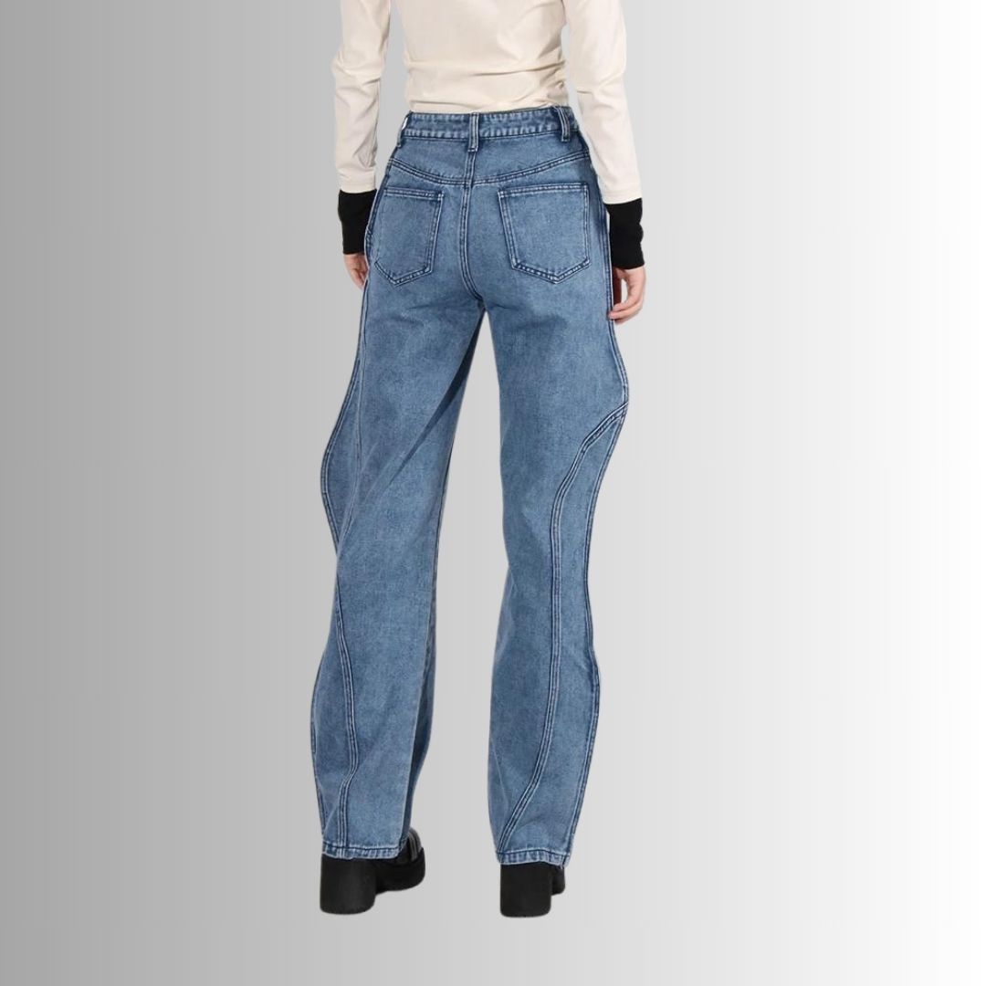 Jean Femme Taille Haute - Jambe Large - Détail Coutures - Denim Tendance