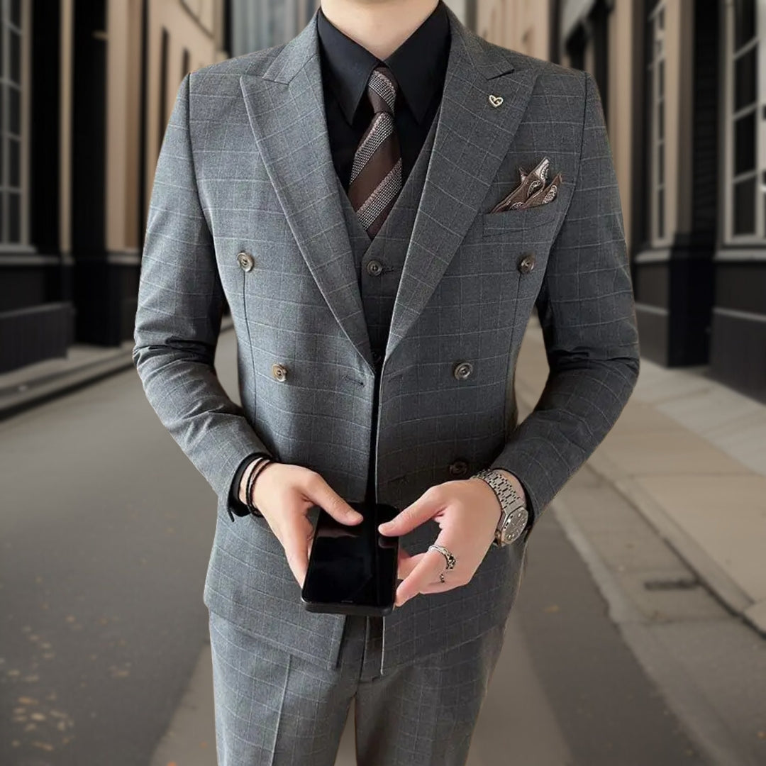 Costume Homme - Coupe Ajustée - Veste Croisée - Motif Carreaux - Élégant et Formel