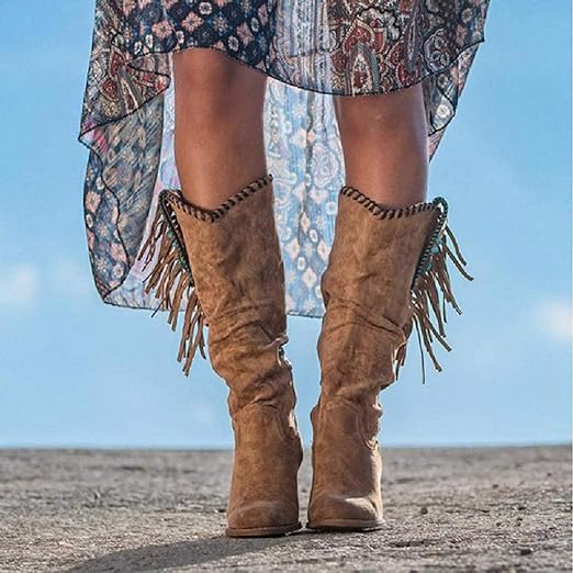 Bottes Western Femme - Hauteur Mi-Mollet - Franges et Tressage - Talon Plat