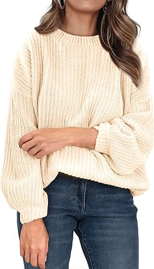 Pull Femme - Maille Côtelée Oversize - Col Rond - Manches Longues Amples