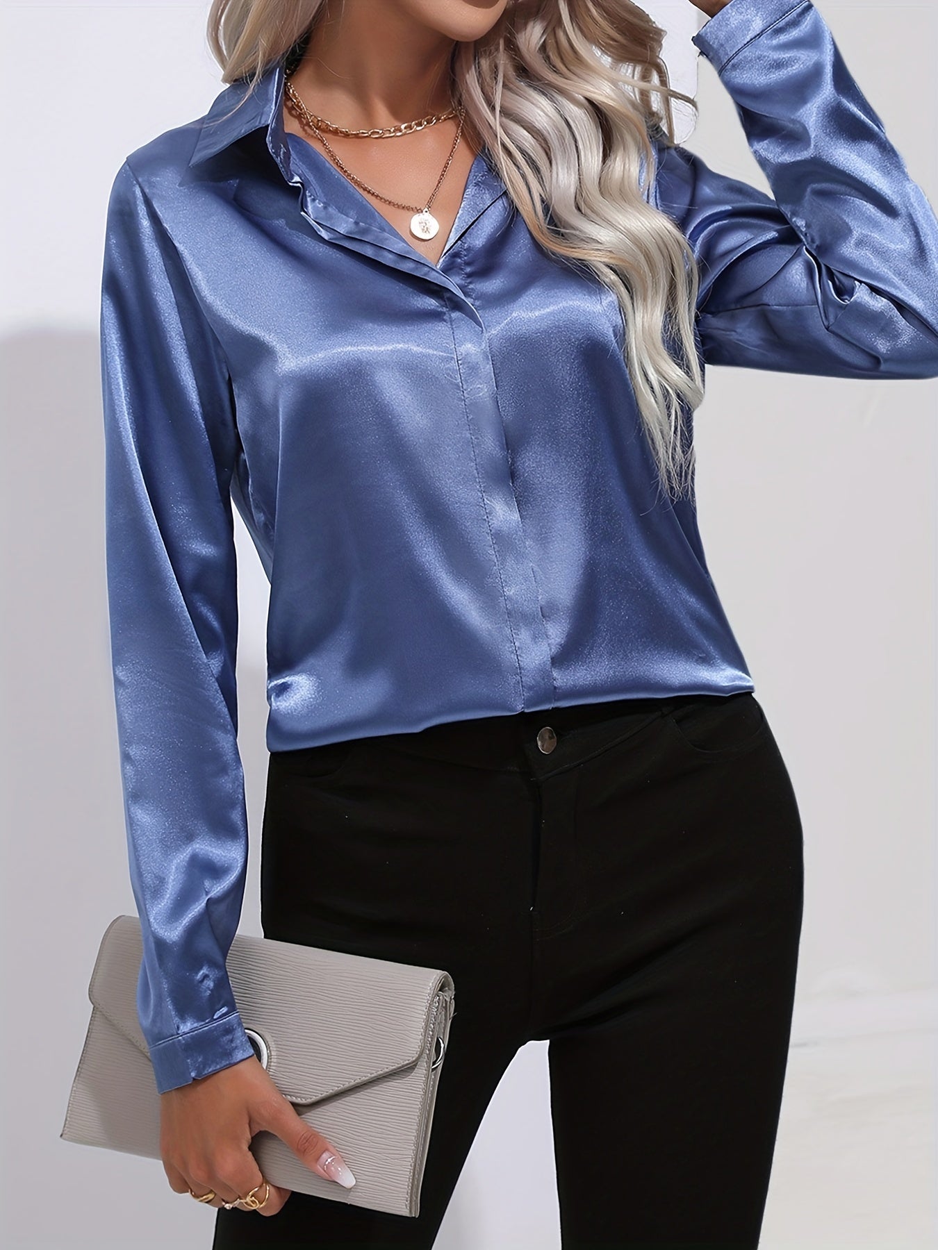 Blouse Femme - Satin Brillant - Manches Longues - Coupe Ajustée Élégante