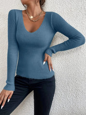 Pull Femme - Maille Côtelée - Coupe Ajustée - Col V - Manches Longues