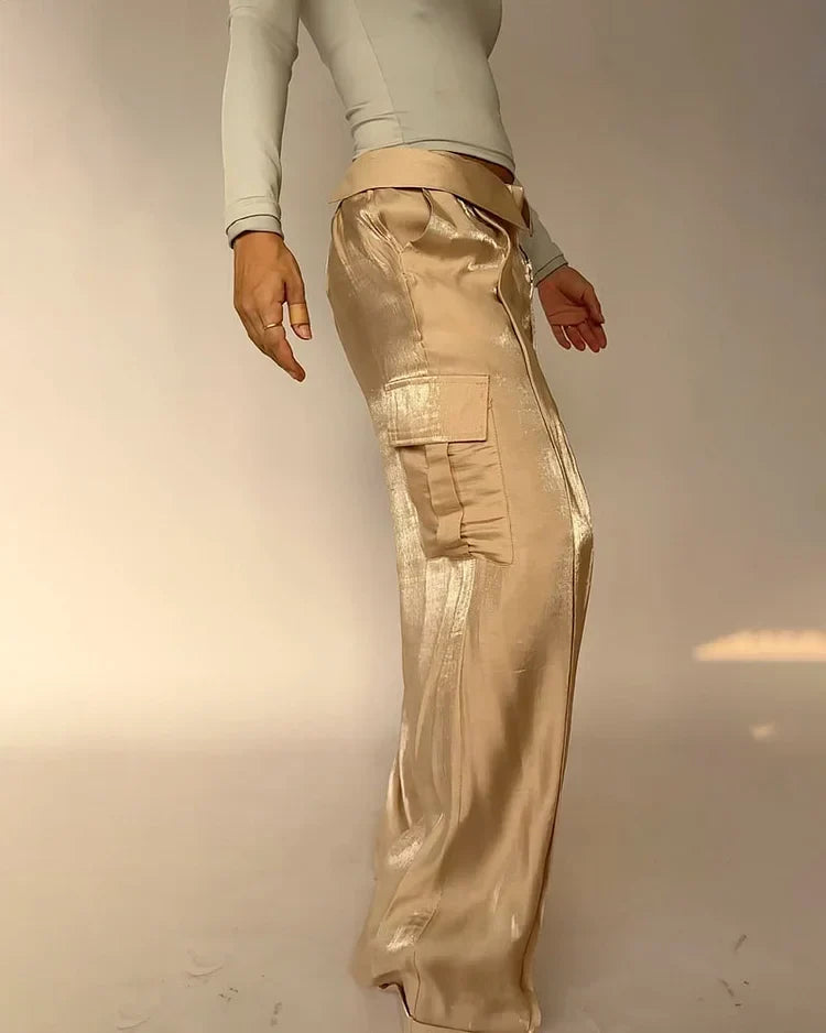 Pantalon Large Femme - Taille Haute Satiné - Élégant et Fluide