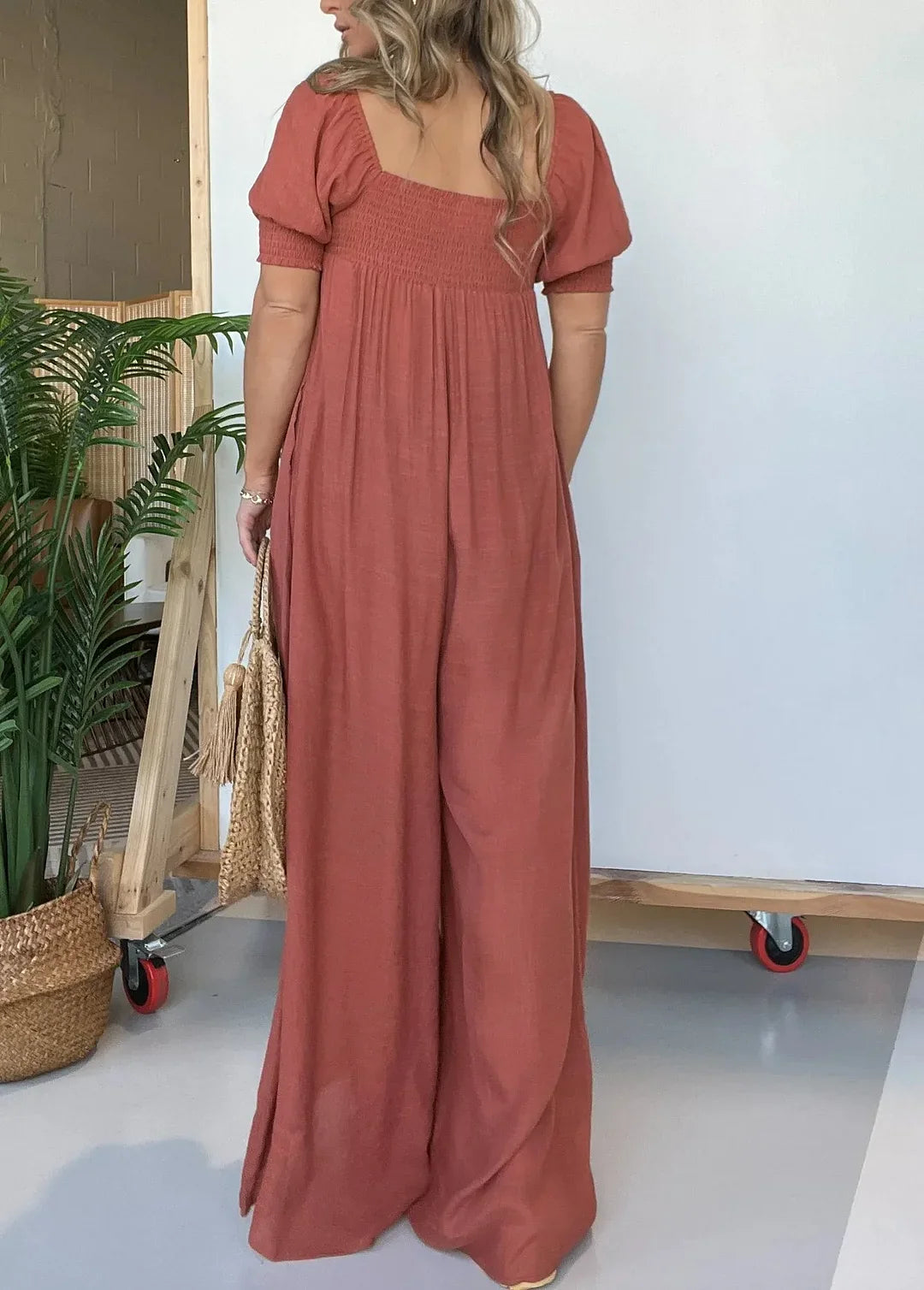 Robe Longue Femme - Encolure Carrée - Manches Courtes Bouffantes - Taille Smockée Fluide