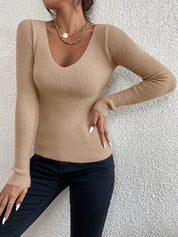 Pull Femme - Maille Côtelée - Coupe Ajustée - Col V - Manches Longues