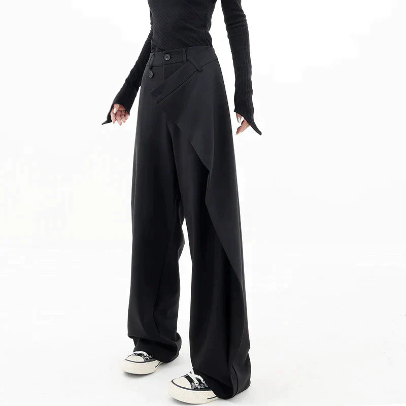 Pantalon Large Femme - Taille Haute Drapée - Style Asymétrique - Coupe Ample Élégante