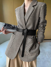 Blazer Femme - Motif Pied-de-Poule - Coupe Cintrée avec Ceinture - Élégant et Structuré