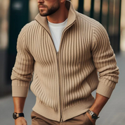 Pull zippé en maille côtelée pour homme - Col montant - Confort chaud