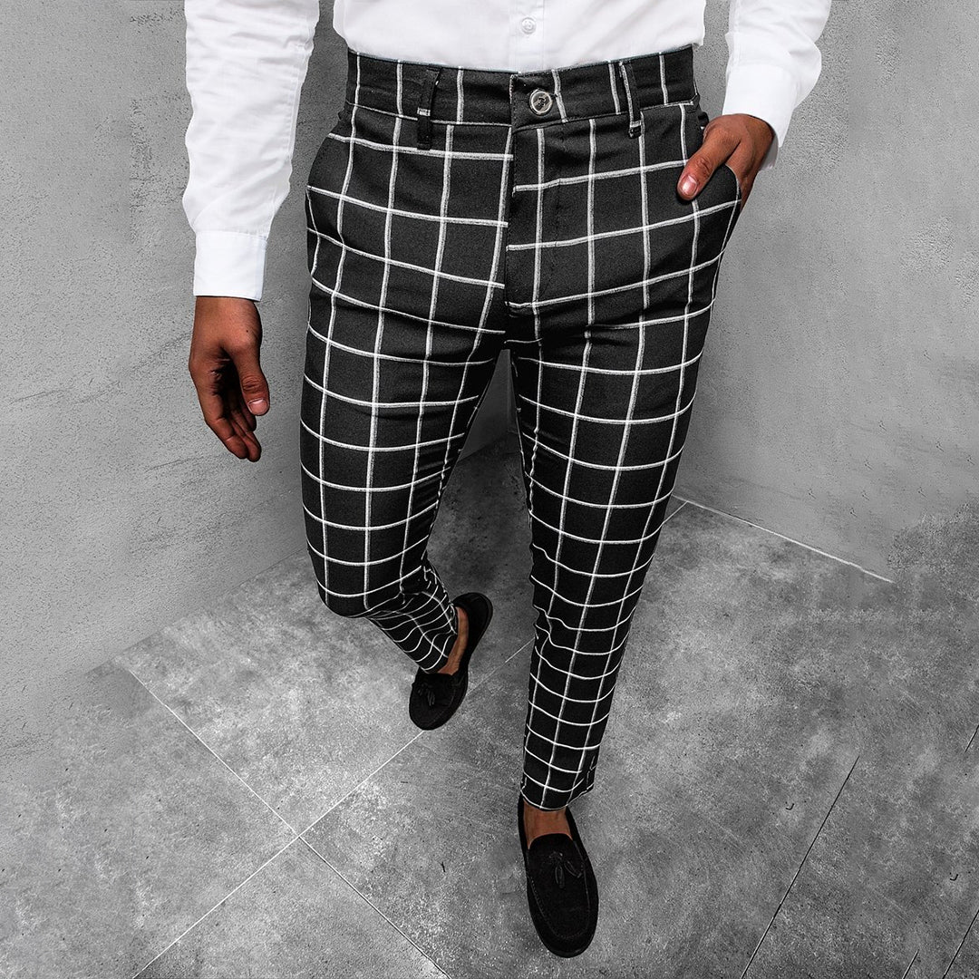 Pantalon Homme - Coupe Slim - Motif à Carreaux - Style Élégant Semi-Formel