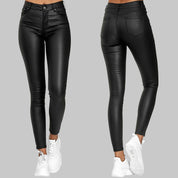 Pantalon Skinny Taille Haute Femme - Effet Cuir - Coupe Ajustée - Fermeture Zip et Bouton