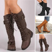 Bottes Hautes Femme - À Lacets et Boucles - Talon Bas Confortable - Style Tendance