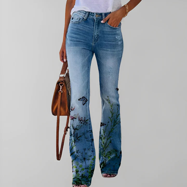 Jean bootcut taille haute - Motif floral - Coupe évasée élégante - Denim confortable