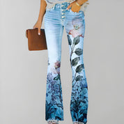 Jean bootcut taille haute - Motif floral - Coupe évasée élégante - Denim confortable