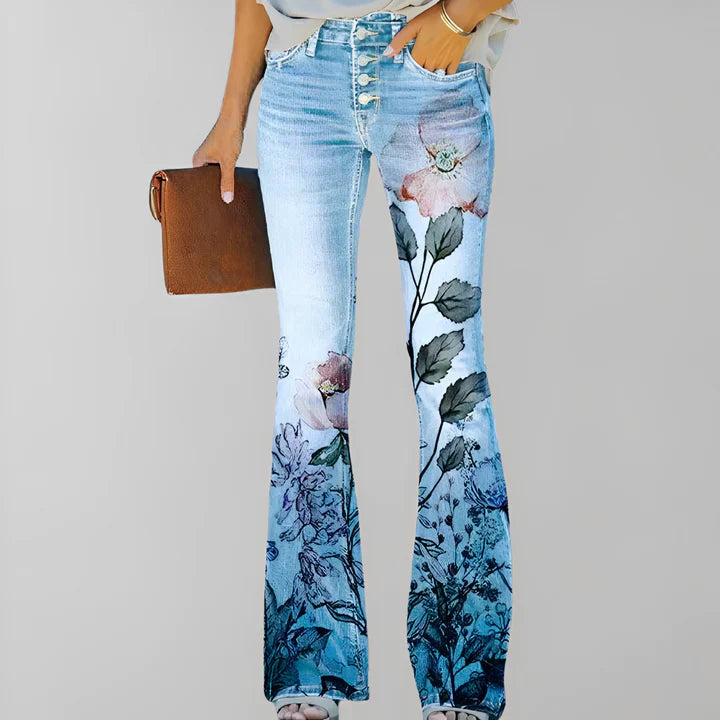 Jean bootcut taille haute - Motif floral - Coupe évasée élégante - Denim confortable