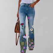 Jean bootcut taille haute - Motif floral - Coupe évasée élégante - Denim confortable