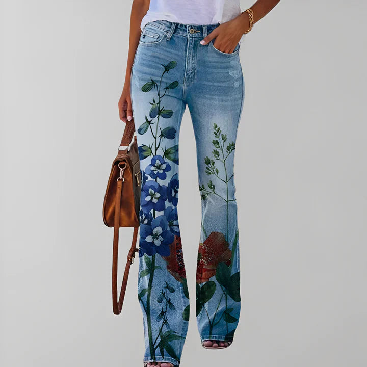 Jean bootcut taille haute - Motif floral - Coupe évasée élégante - Denim confortable