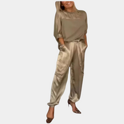 Pantalon Jogger Femme - Satin Doux - Taille Haute - Coupe Ample - Poches Cargo