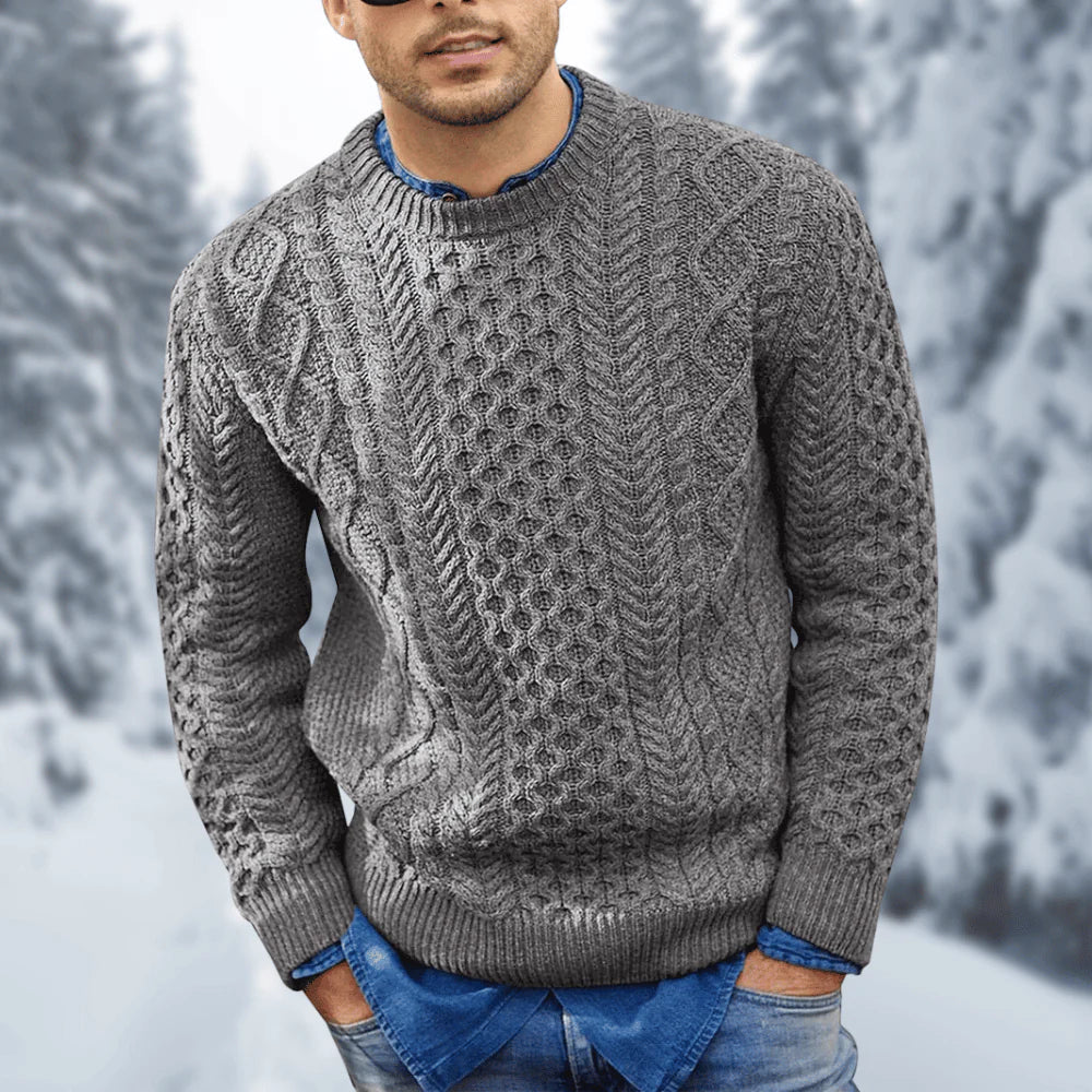 Pull en maille torsadée pour homme - Col rond - Chaud et confortable