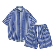 Ensemble Homme - Chemise Boutonnée & Short - Rayé - Coupe Ample - Taille Élastique